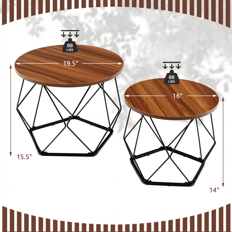 Set of 2 modern round coffee tables in rustic brown with pentagonal steel base, ideal for versatile use in any space.